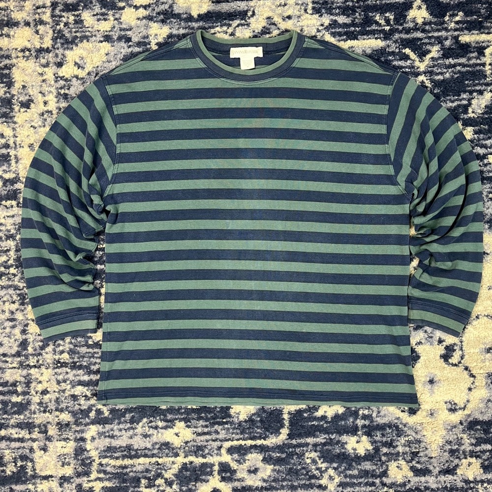 Banana Republic Mens Heavyweight Cotton Striped Long Sleeve T-Shirt Green Navy M